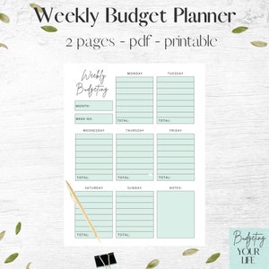 Peut inclure: Planificateur de budget hebdomadaire imprimable avec un fond vert clair. Le planificateur comporte des sections pour chaque jour de la semaine, avec de l'espace pour les notes et les totaux. Le texte "Weekly Budgeting" est en haut de la page.