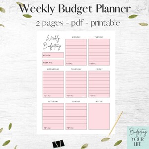 Peut inclure: Planificateur de budget hebdomadaire imprimable avec des cases roses pour chaque jour de la semaine. Le planificateur comprend des sections pour le mois, le num&eacute;ro de la semaine, le total, les notes et un espace pour le budget.