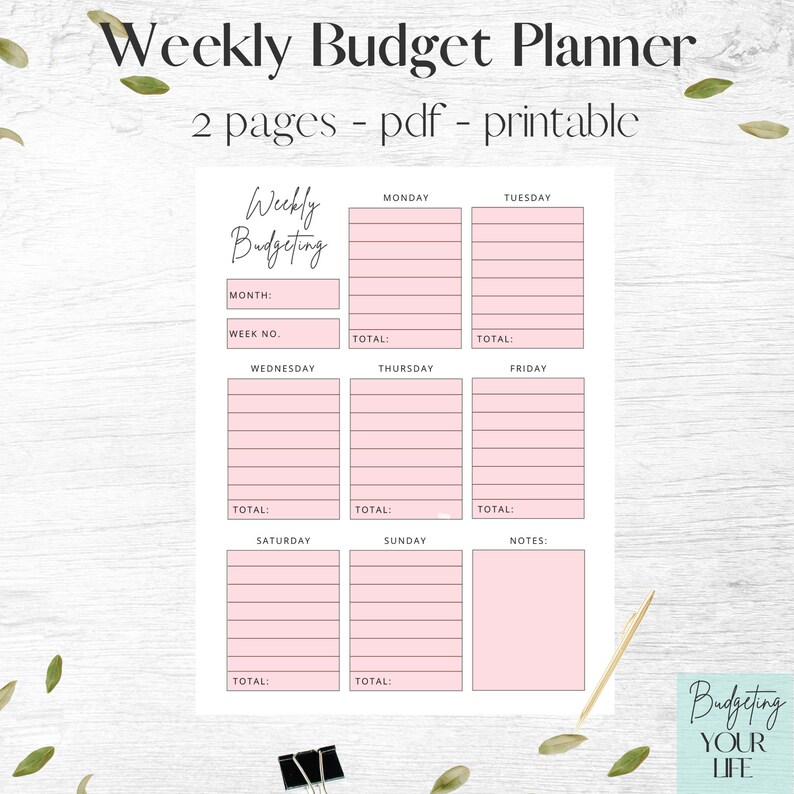 Peut inclure: Planificateur de budget hebdomadaire imprimable avec des cases roses pour chaque jour de la semaine. Le planificateur comprend des sections pour le mois, le num&eacute;ro de la semaine, le total, les notes et un espace pour le budget.