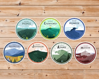 May include: Seven colorful round stickers with illustrations of mountains and the names of the mountains: Mount Pierce, Mount Eisenhower, Mount Monroe, Mount Washington, Mount Jefferson, Mount Adams, and Mount Madison.