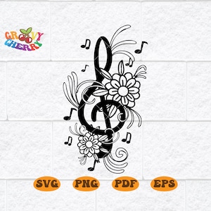 Notas musicais de flores Svg, Notas musicais florais, SVG de música, amante de música Svg, músico Svg, clave de sol svg, arquivos Svg de símbolos musicais para Cricut