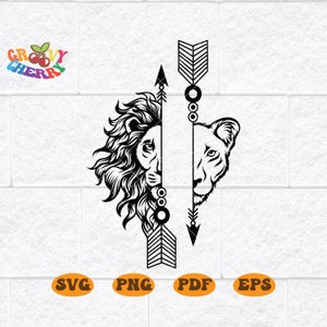 矢印ライオンカップル svg、半分のライオンの顔、雄雌ライオンの頭 svg、雌ライオン svg、ボヘミアン svg、動物カップル svg、クリップアート PNG DXF EPS ベクター Ai