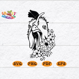 Chicken with flower crown svg, Floral Chicken svg, farm animal Svg, Cute chicken Svg, Chicken Clipart, Chicken Head Svg, Chicken Png Hen svg