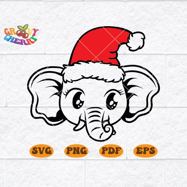 Elephant with Santa Hat SVG File, Baby Elephant Svg, Cute Elephant Svg, Elephant png, Elephant cut file, Christmas Animal Svg CUT FILES