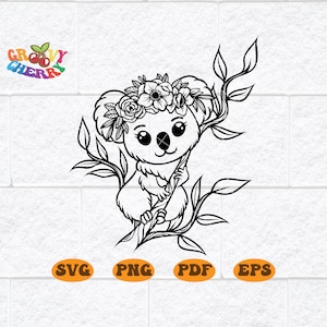 Koala with Flower Crown SVG, Koala Bear svg, Koala with Flowers on Head, Baby Koala svg, Animal Floral Crown, Cute Animal Face, Cute Animal