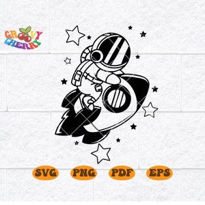 Astronaute de l'espace mignon chevauchant une fusée SVG | Autocollant de t-shirt pour enfants | Cricut Silhouette Printables Clip Art Vecteur Numérique Dxf Png Eps Ai