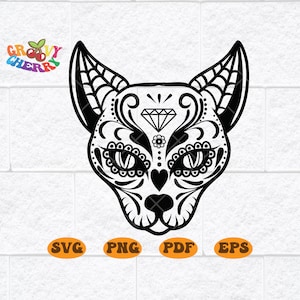 シュガースカル猫 SVG、死者の日 SVG、死者の日シャツ、猫シュガースカル SVG、動物シュガースカル、かわいい猫シャツデザイン カットファイル