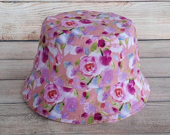Kids Bucket Hat - Pink Flowers Cute Reversible Cotton Hat, Girls Summer Sun Hat, Pretty Girls Party Hat, Sun Protection, Outdoor Play Hat,