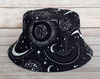 Adult Bucket Hat - Glow in the Dark Moon and Stars, Reversible Cotton Hat, Nighttime Sky, Evening Space Rave Party Hat, One Size Unisex Hat