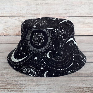 Adult Bucket Hat - Glow in the Dark Moon and Stars, Reversible Cotton Hat, Nighttime Sky, Evening Space Rave Party Hat, One Size Unisex Hat