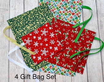 Reusable Christmas Fabric Gift Bag Set, Gift Wrapping Drawstring Cotton Bags, Eco friendly, Zero Waste, Environmentally Friendly Gift Wrap