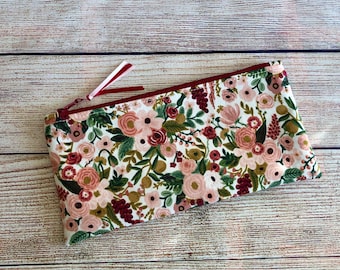 Pencil Case, Accessory Pouch, Reusable Cotton Zipper Bag, Purse Organizer, Pretty Birthday Gift for her, Garden Party Fabric, Rifle Paper Co