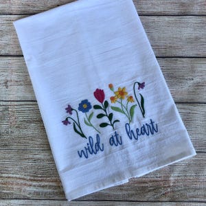 Wildflowers Embroidered Flour Sack Tea Towel, Kitchen Dish Drying Towel, Decorative Towel, Hostess Gift for Friend, Birthday Gift for her