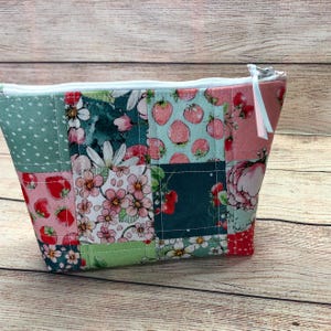 Quilted Zipper Pouch, Cotton Accessory Bag, Cosmetic Purse Organizer, Birthday Gift for her, Strawberry Patchwork Makeup Zippered Case