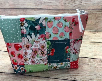 Quilted Zipper Pouch, Cotton Accessory Bag, Cosmetic Purse Organizer, Birthday Gift for her, Strawberry Patchwork Makeup Zippered Case