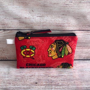 Chicago Blackhawks NHL Team Handmade Reusable Zipper Coin Credit Card Wallet, Earbud Storage, Hockey Gift for Friend, Small Cotton Bag