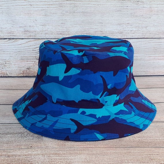 Bucket Hat Blue Shark Camo, Reversible Hat, Cotton Hat, Fishing