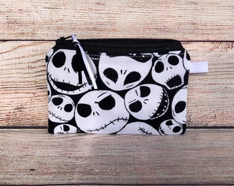 Skull Coin Purse, Keychain Wallet, Small Accessory Bag, Gift for Friend, Skeleton Credit Card Wallet, Earbud Storage Case, Jack Skellington