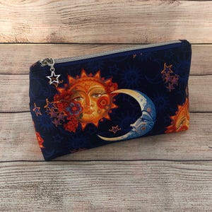 Handmade Cotton Zipper Pouch, Makeup Toiletry Bag, Gift for Mom, Reusable Cosmetic Organizer, Purse Accessory, Celestial Astronomy Moon Star