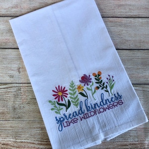 Wildflowers Embroidered Tea Towel: Cotton Kitchen Dish Towel