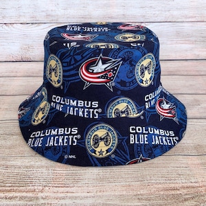 Adult or Child Bucket Hat, Columbus Blue Jackets NHL Hockey Team, Reversible Cotton Hat, Hockey Fan Gift, Birthday Gift for Him, Unisex Hat