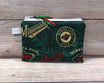 NHL Minnesota Wild Hockey Team Coin Purse, Credit Card Wallet, Earbud Storage Zipper Bag, Hockey Gift for Friend, Small Jewelry Organizer