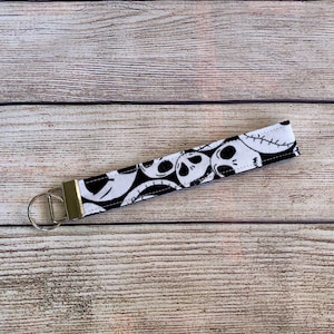 Skull Keychain, Key Ring Wristlet, Handmade Keyring Strap, Gothic Fabric Wrist Key Fob, Goth Wrist Lanyard, Jack Skellington Gift for Friend