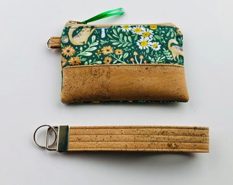 Handmade Zippered Credit Card Pouch, Minimalist Key Fob Coin Purse, Women's Small Wallet with Wristlet Key Chain, Mother's Day Gift for Her