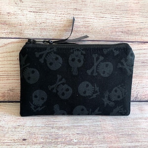 Coin Purse, Zipper Pouch, Spare Change Wallet, Credit Card Holder, Accessory Earbud Storage, Rock ‘n Roll Skulls, Handmade Small Cotton Bag