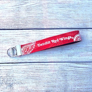 NHL Detroit Red Wings Team Keychain, Key Ring Wristlet Strap, Handmade Fabric Wrist Key Fob, Lanyard, Hockey Lover Birthday Gift for him