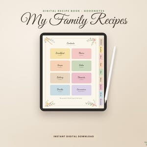 May include: A digital recipe book for Goodnotes titled My Family Recipes, displayed on a tablet screen. The contents page features colorful rectangular buttons for categories like Breakfast, Mains, Soups, Sides, Baking, Desserts, Drinks, and Conversions.