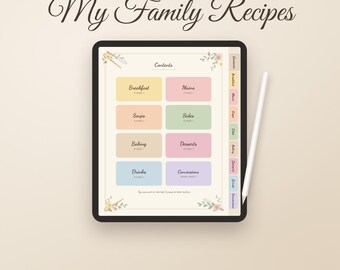 May include: A digital recipe book for Goodnotes titled My Family Recipes, displayed on a tablet screen. The contents page features colorful rectangular buttons for categories like Breakfast, Mains, Soups, Sides, Baking, Desserts, Drinks, and Conversions.