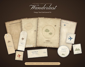 Puede incluir: Un kit de diario de viaje vintage con papeles, etiquetas y pegatinas en tonos sepia. Incluye una lista de Continental Express, una ilustración de un globo terráqueo, papel de carta de correo aéreo, billetes de tren y sellos con aviones y montañas.
