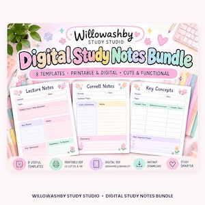 May include: A digital study notes bundle by Willowashby Study Studio featuring 8 printable and digital templates. The set includes Lecture Notes, Cornell Notes, and Key Concepts pages with pastel floral accents and organized sections.