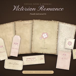 May include: A collection of printable paper ephemera featuring the text Victorian Romance, Household Accounts, Rosa centifolia, Forever, Love Letters, Elixir of Love, Admit One Grand Ballroom, and My Love, with pink flower illustrations on aged paper.
