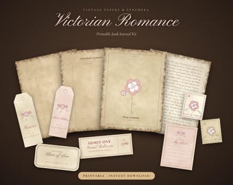 Puede incluir: Una colección de papel efímero imprimible con el texto Victorian Romance, Household Accounts, Rosa centifolia, Forever, Love Letters, Elixir of Love, Admit One Grand Ballroom y My Love, con ilustraciones de flores rosas sobre papel envejecido.