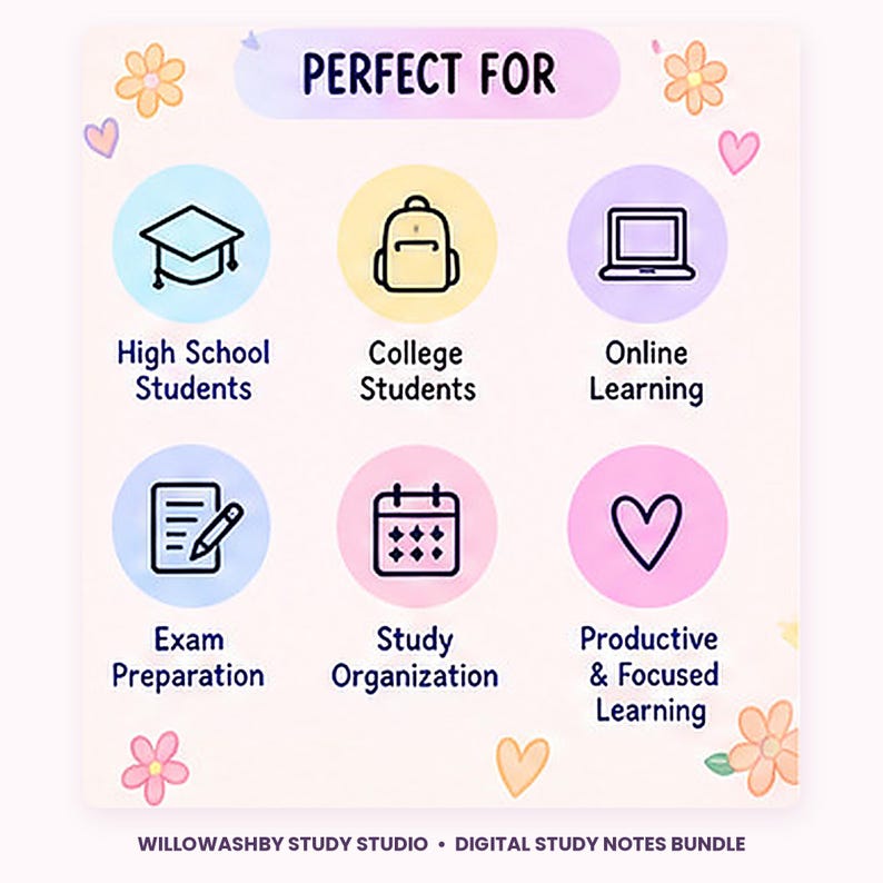 May include: A digital study notes bundle graphic with the text PERFECT FOR and WILLOWASHBY STUDY STUDIO. It features six circular icons representing a graduation cap, backpack, laptop, document with pencil, calendar, and heart, with floral accents.