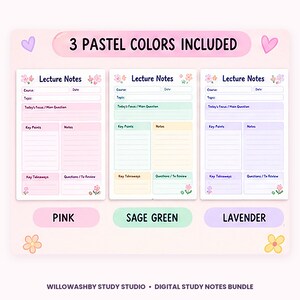 May include: Three digital lecture note templates in pink, sage green, and lavender. Each page features sections for course, date, topic, focus, key points, notes, takeaways, and review. The text 3 PASTEL COLORS INCLUDED is at the top.