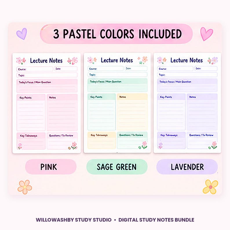 May include: Three digital lecture note templates in pink, sage green, and lavender. Each page features sections for course, date, topic, focus, key points, notes, takeaways, and review. The text 3 PASTEL COLORS INCLUDED is at the top.