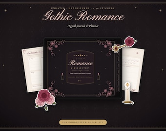 May include: A digital journal and planner titled Gothic Romance, featuring a dark background with floral accents, a moon phase icon, and text reading A Year of Romance & Reflection. Includes stickers of a key, roses, and a candle for GoodNotes and Notability.