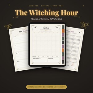 May include: A digital planner titled The Witching Hour Spooky & Cozy Q4 Life Planner displayed on a tablet screen with side navigation tabs. The planner pages show an October monthly calendar, a weekly schedule, and a watchlist layout.