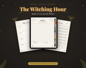 May include: A digital planner titled The Witching Hour Spooky & Cozy Q4 Life Planner displayed on a tablet screen with side navigation tabs. The planner pages show an October monthly calendar, a weekly schedule, and a watchlist layout.