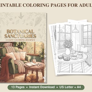 May include: A set of printable coloring pages titled Botanical Sanctuaries: A Cozy Coloring Journey. The cover features a green armchair, a wooden table with a book, and a sleeping cat. Includes 13 pages in US Letter and A4 sizes for instant download.