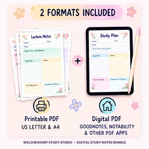 May include: A digital study notes bundle featuring a stack of printable lecture notes and a tablet displaying a study plan. The text includes 2 FORMATS INCLUDED, Printable PDF US LETTER & A4, Digital PDF GOODNOTES, NOTABILITY & OTHER PDF APPS, and WILLOWASHBY STUDY STUDIO.