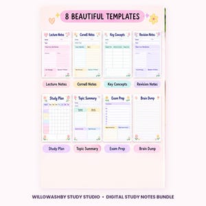 May include: A digital study notes bundle featuring 8 templates titled 8 BEAUTIFUL TEMPLATES. The set includes Lecture Notes, Cornell Notes, Key Concepts, Revision Notes, Study Plan, Topic Summary, Exam Prep, and Brain Dump with floral accents.