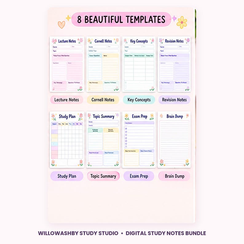 May include: A digital study notes bundle featuring 8 templates titled 8 BEAUTIFUL TEMPLATES. The set includes Lecture Notes, Cornell Notes, Key Concepts, Revision Notes, Study Plan, Topic Summary, Exam Prep, and Brain Dump with floral accents.