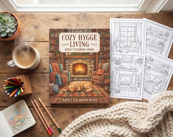 May include: A coloring book titled Cozy Hygge Living Adult Coloring Book featuring a fireplace, armchairs, and a sleeping dog on the cover, accompanied by three black and white coloring pages, colored pencils, and a sketchbook.