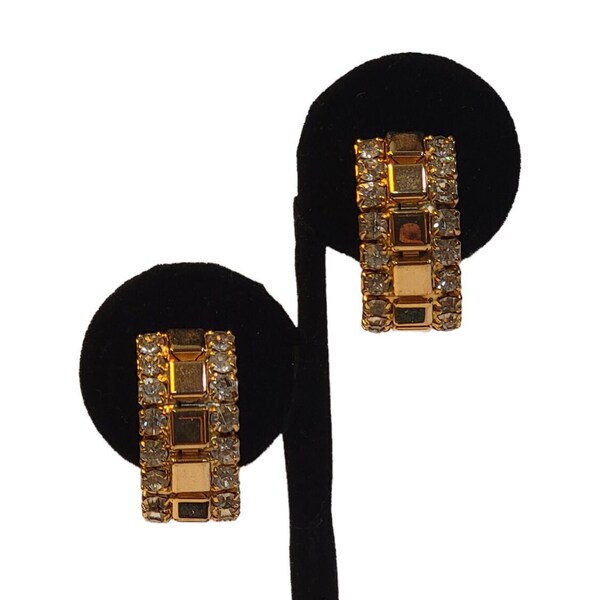 Vintage 1960s Gold & Clear Cubic Zirconia Huggie Clip-On Curved Earrings - Excellent Condition - Retro Mid-Century Glam - Celebrity Style