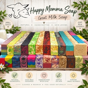 May include: A collection of rectangular goat milk soap bars arranged in rows, featuring various colorful swirl patterns and solid hues. The text Happy Momma Soap Goat Milk Soap is displayed above, along with icons and labels for natural ingredients.