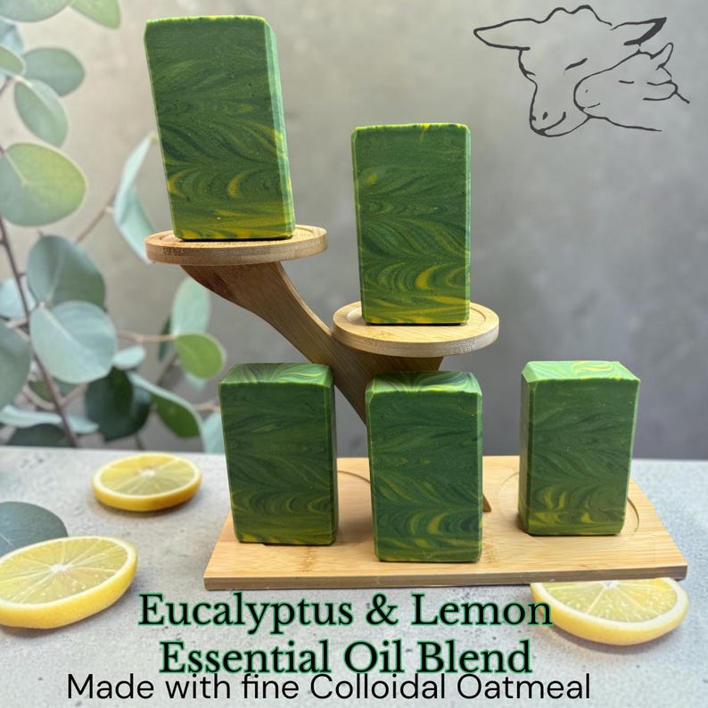 Puede incluir: Cinco pastillas de jab&oacute;n rectangulares con remolinos verdes y amarillos sobre un expositor de bamb&uacute; escalonado. El texto Eucalyptus & Lemon Essential Oil Blend Made with fine Colloidal Oatmeal aparece abajo con rodajas de lim&oacute;n.
